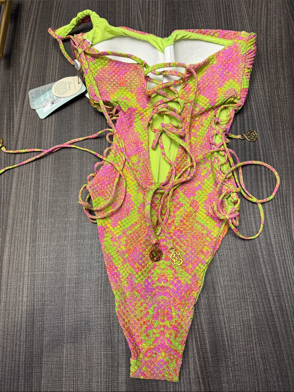 Luli Fama Neon Pink & Lime Textured One-Piece with Lace-Up Sides - Picture 4 of 4